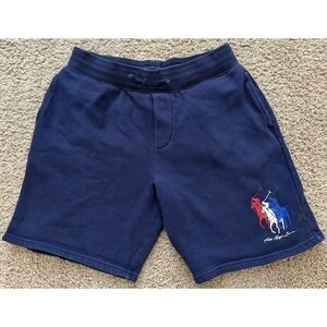 Polo Ralph Lauren Navy TRIPLE PONY LOGO Fleece Shorts Boys Pockets Large 14/16